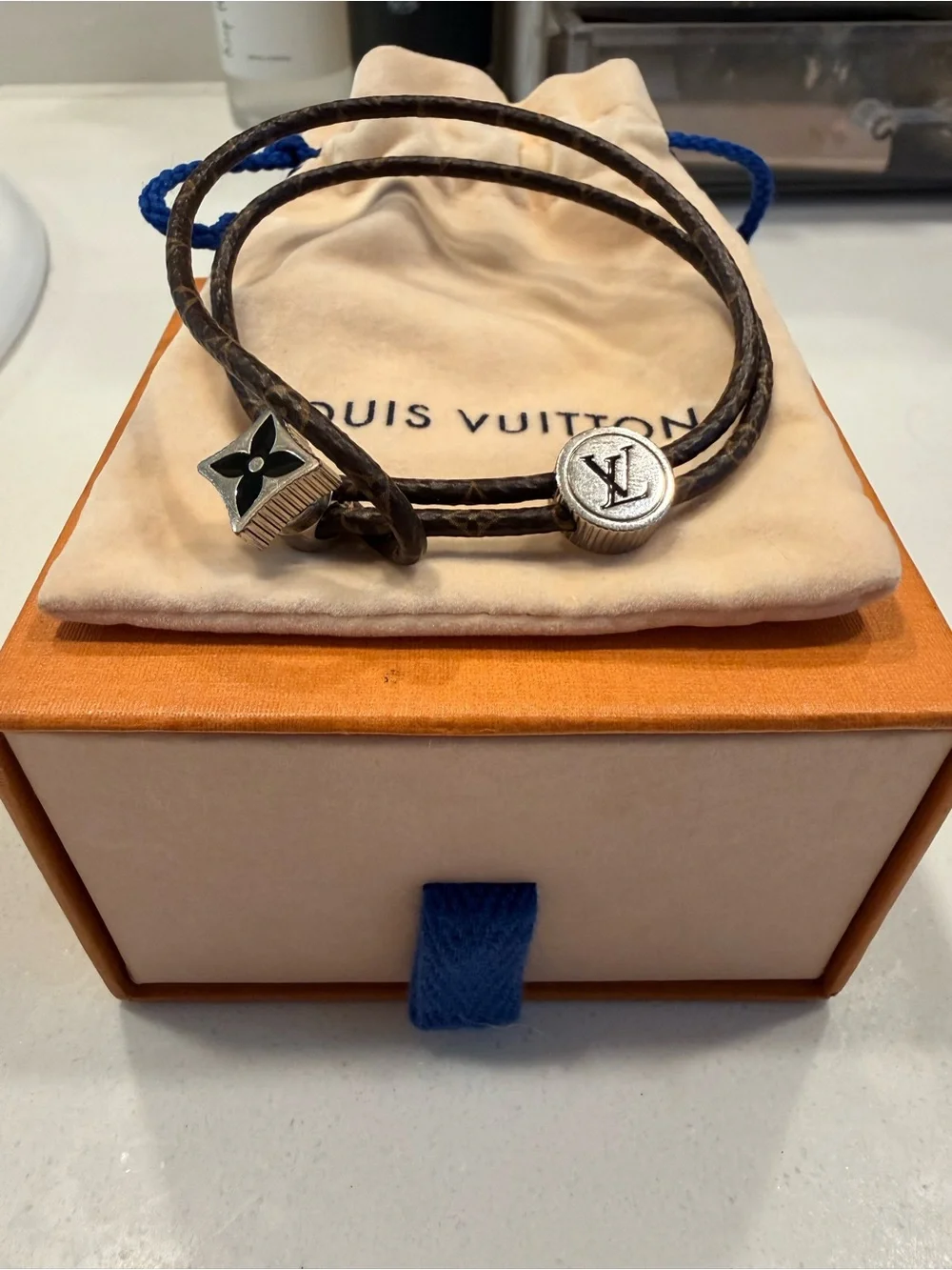 Louis Vuitton Brown Monogram Double Wrap Bracelet with Silver-Tone Charms
